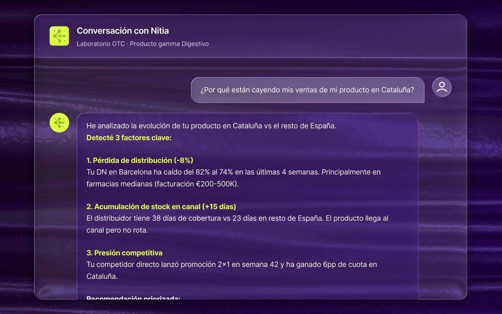 Conversación con Nitia: analiza por qué caen las ventas de un producto y detecta tres factores