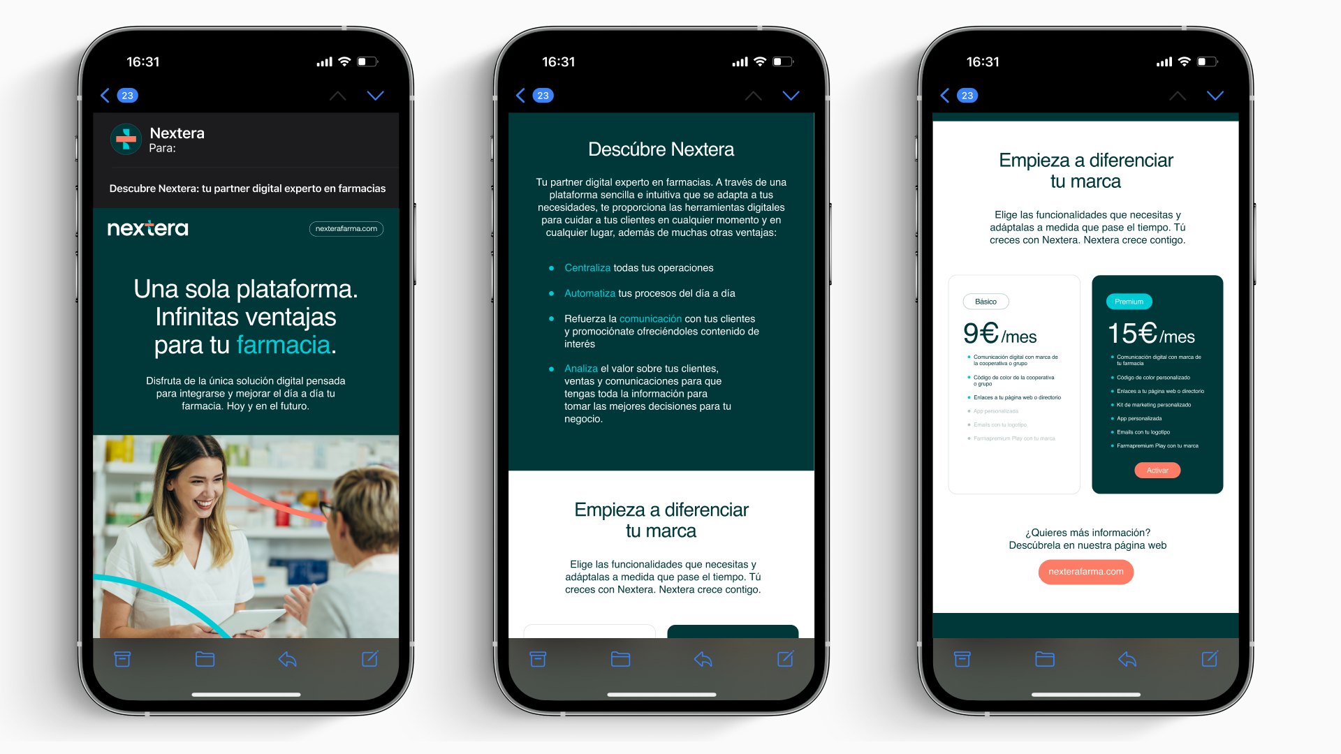 Newsletter de lanzamiento de Nextera en tres móviles