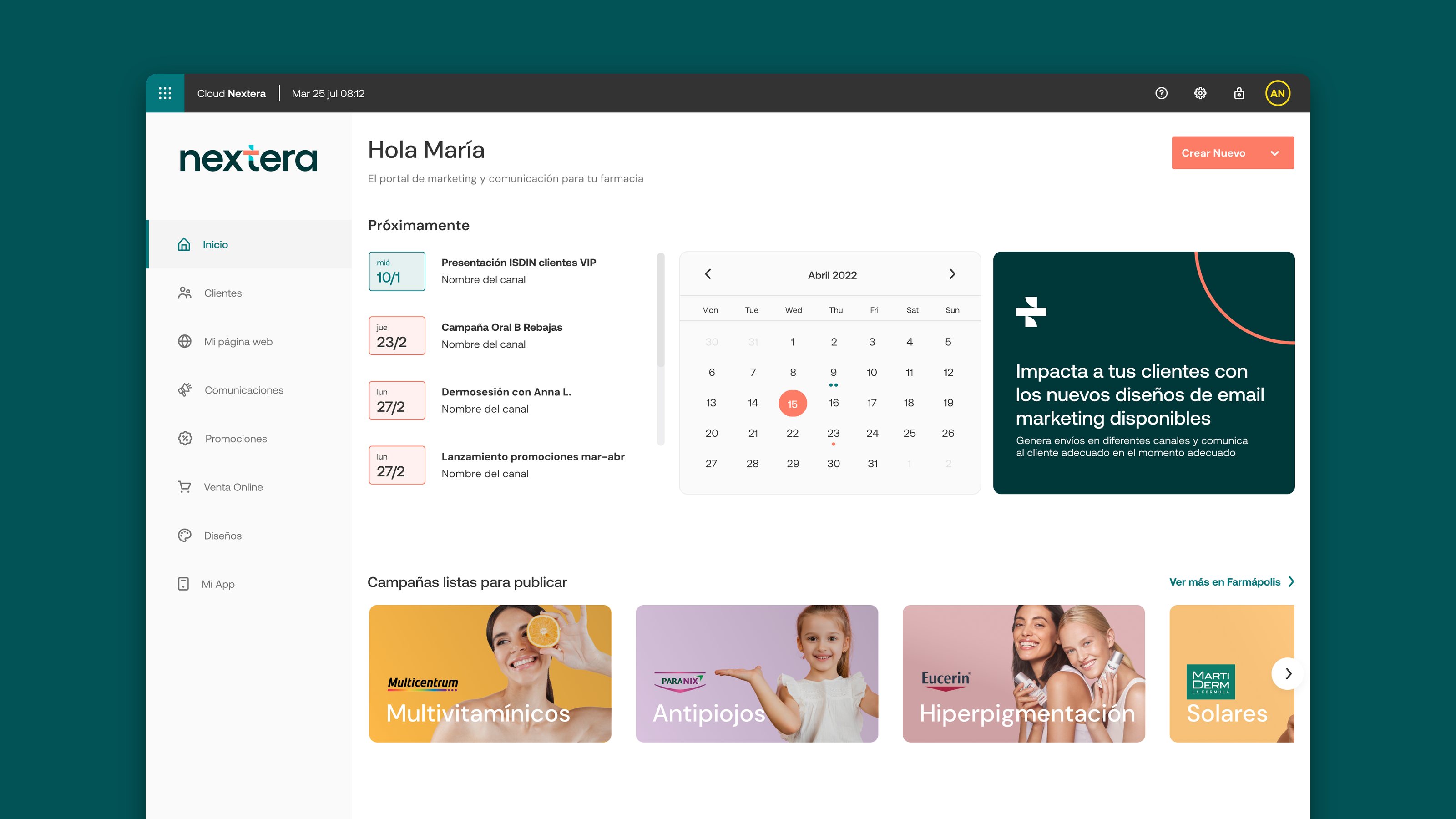 Home de Nextera: próximas acciones, calendario y campañas listas para publicar