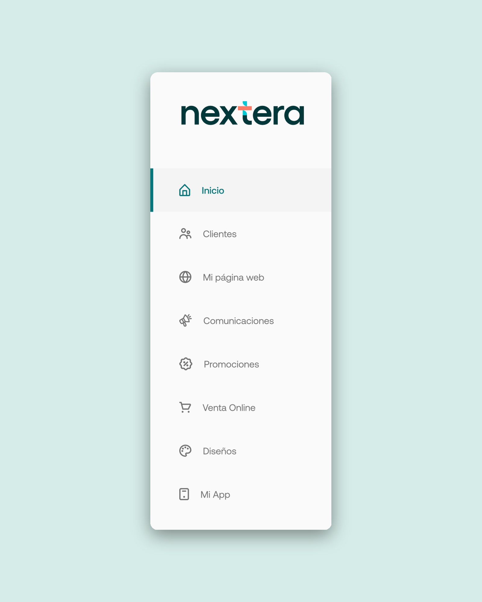Menú lateral de Nextera ordenado por tareas
