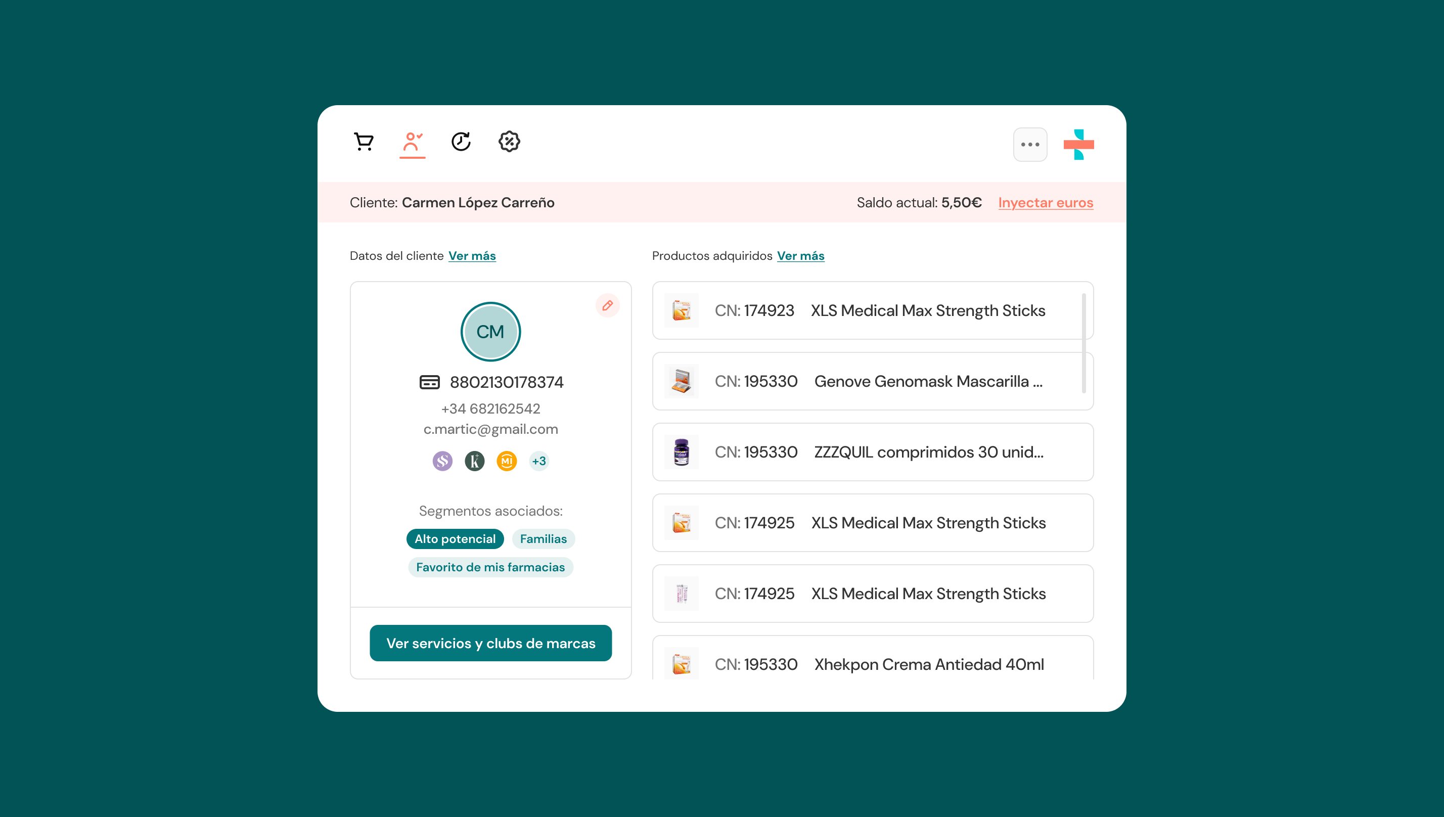 TPV: ficha del cliente identificado con segmentos y productos adquiridos